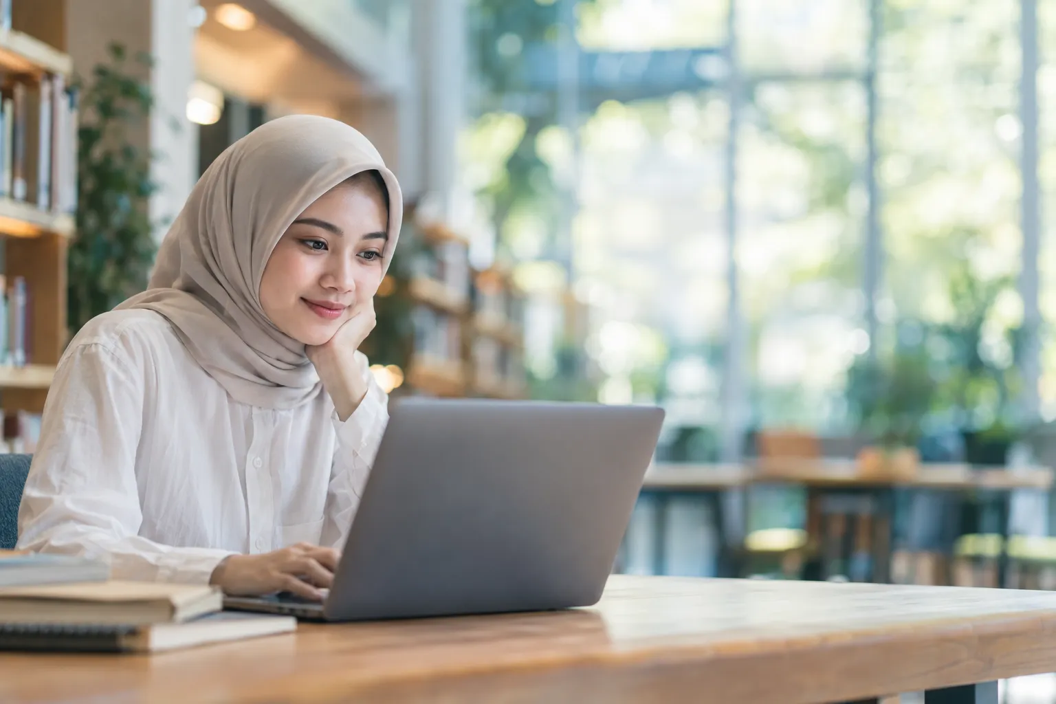 Lulusan muda berhijab melihat laptop dengan penuh harap di ruang kerja yang terang