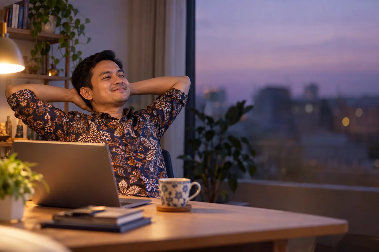 Pria berkemeja batik bersandar lega di depan laptop pada sore hari