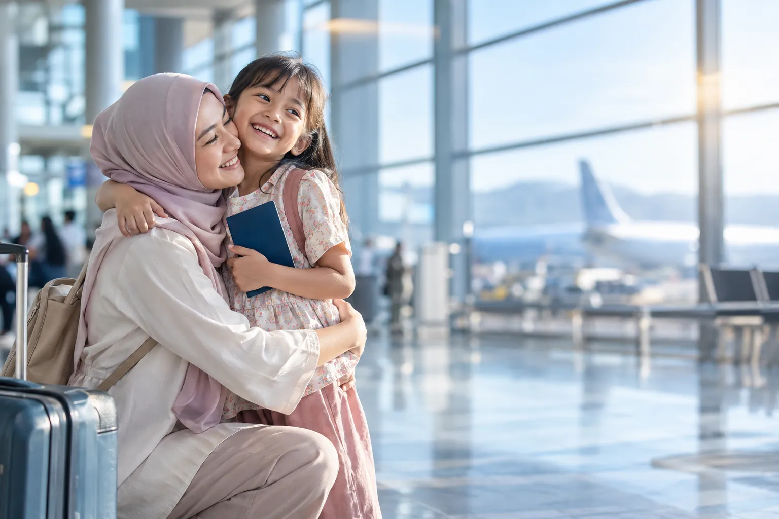 Ibu berhijab memeluk anak perempuannya yang memegang paspor di terminal bandara