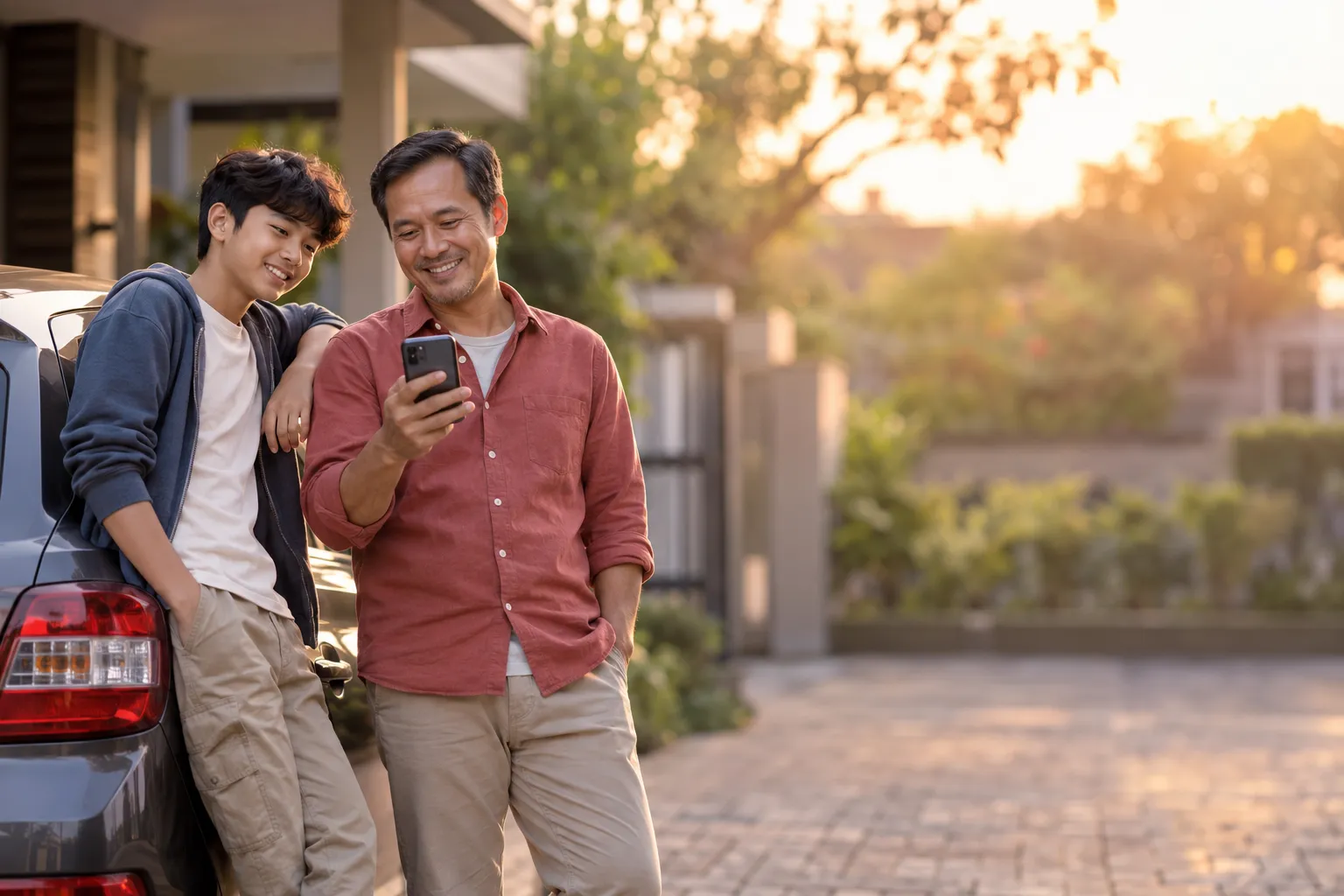 Ayah dan anak remajanya berdiri di samping mobil, sang ayah tersenyum melihat ponsel