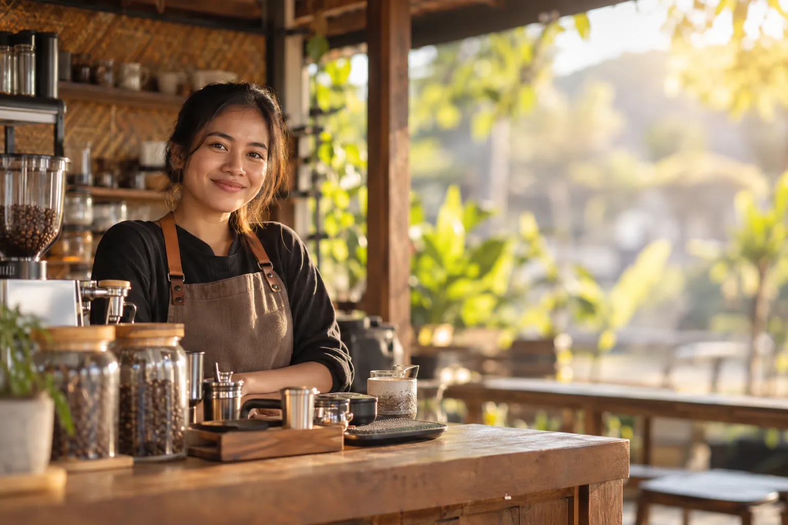 Perempuan muda berdiri bangga di balik meja kedai kopinya